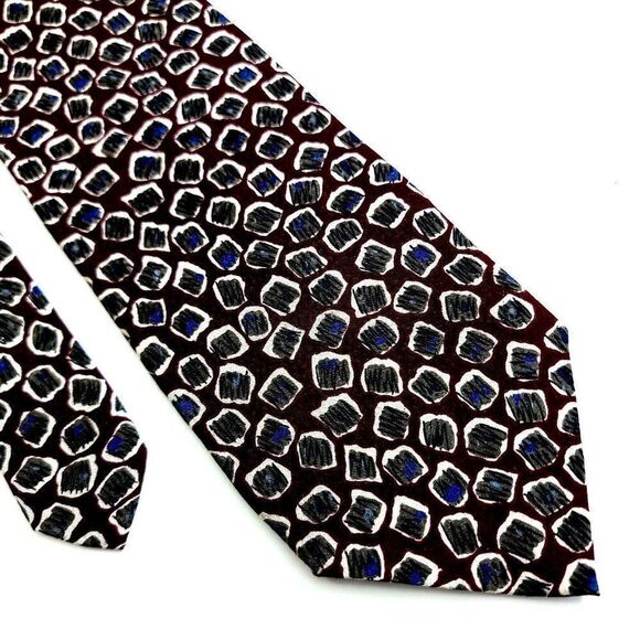 Ferrell Reed Von Maur Print Maroon Red Gray Blue Abstract Silk Tie - Picture 1 of 6